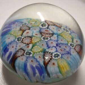 Millefiori Art Glass Paperweight Small 2 Inch Rainbow Colorful  Flower Scalloped